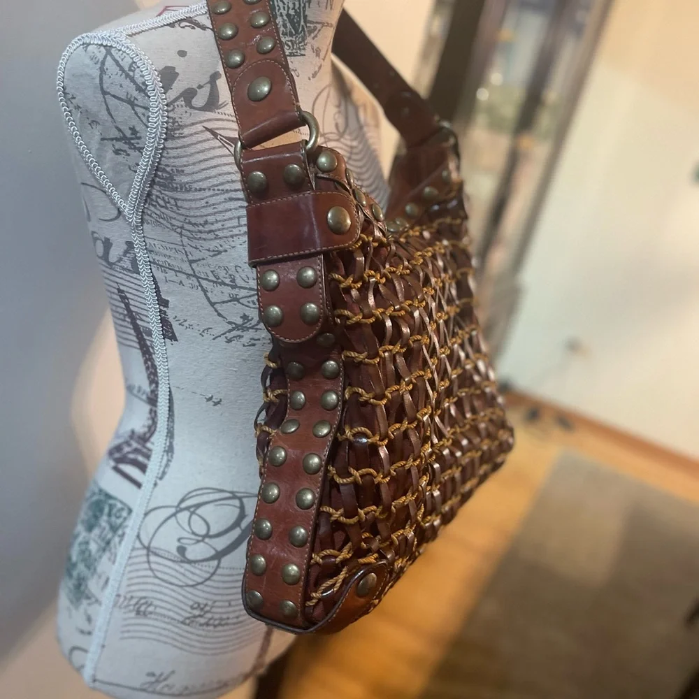 Kooba Brown Leather Studded Hobo Shoulder Bag